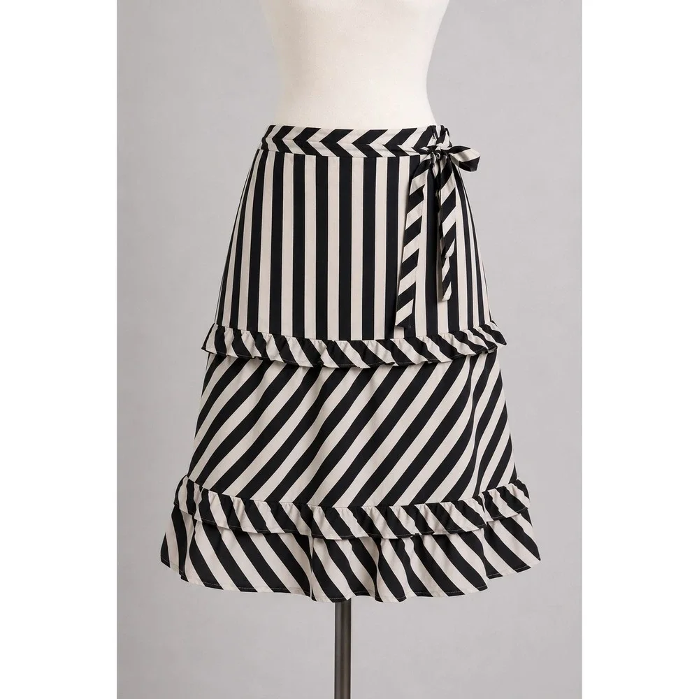 Ann Taylor LOFT Striped Midi Skirt Black Cream Cotton Size 10 Retro Rockbilly